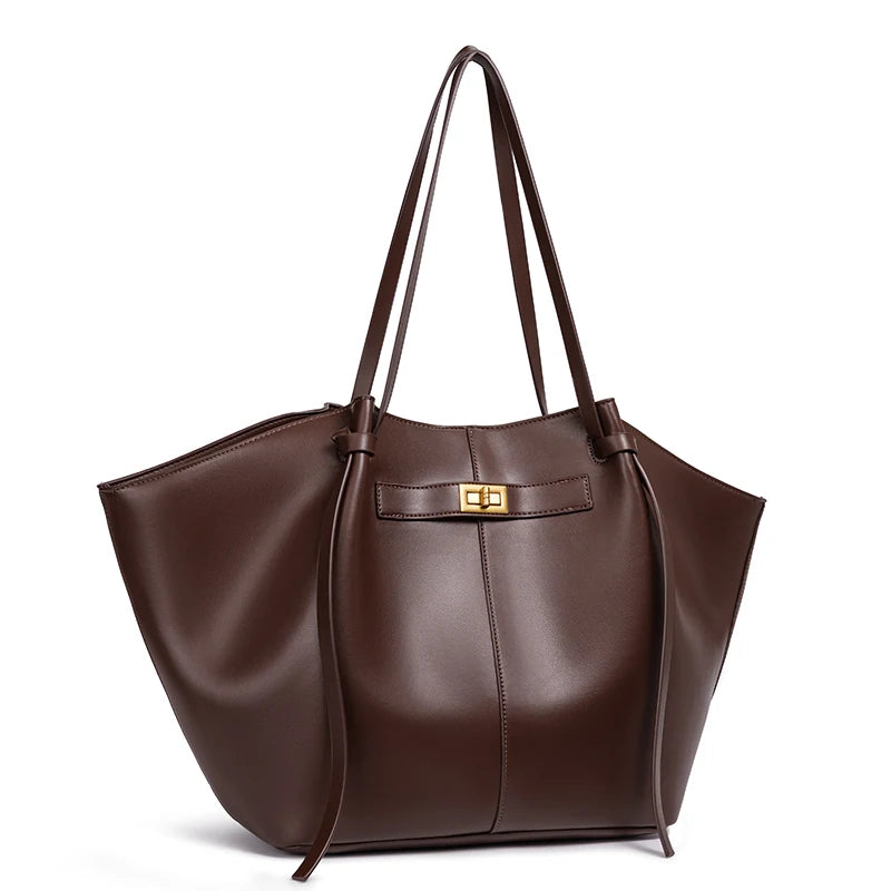 Women’s Large PU Leather Tote Bag – Vintage Gold Turn-Lock Shoulder Handbag
