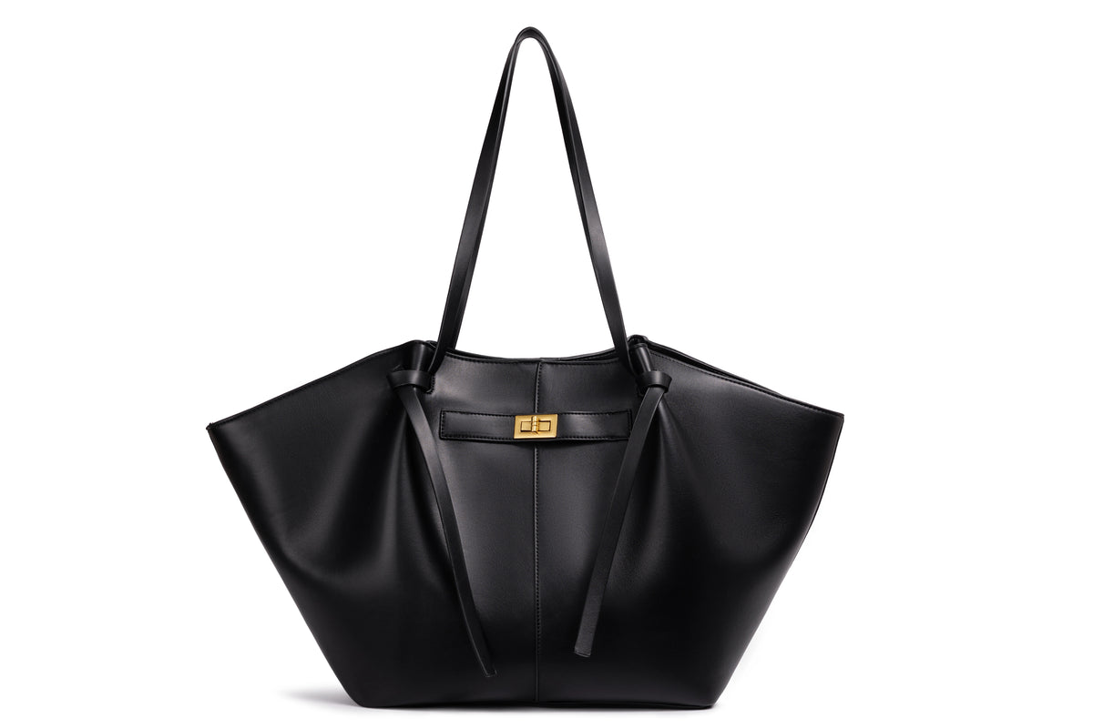 Women’s Large PU Leather Tote Bag – Vintage Gold Turn-Lock Shoulder Handbag