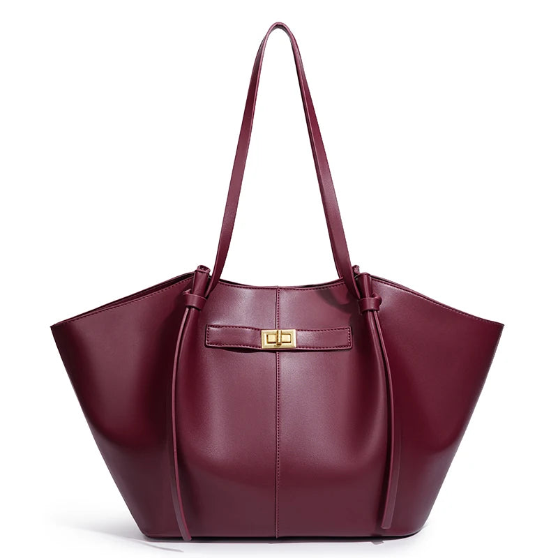 Women’s Large PU Leather Tote Bag – Vintage Gold Turn-Lock Shoulder Handbag