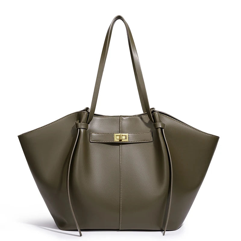 Women’s Large PU Leather Tote Bag – Vintage Gold Turn-Lock Shoulder Handbag