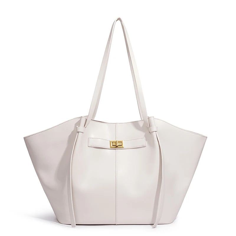 Women’s Large PU Leather Tote Bag – Vintage Gold Turn-Lock Shoulder Handbag