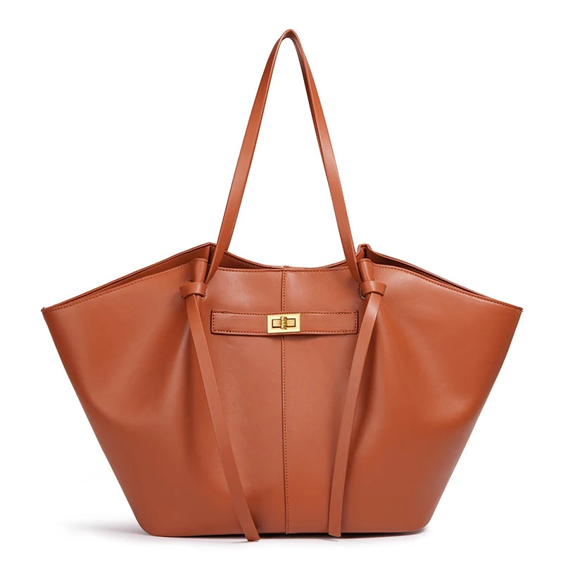 Women’s Large PU Leather Tote Bag – Vintage Gold Turn-Lock Shoulder Handbag