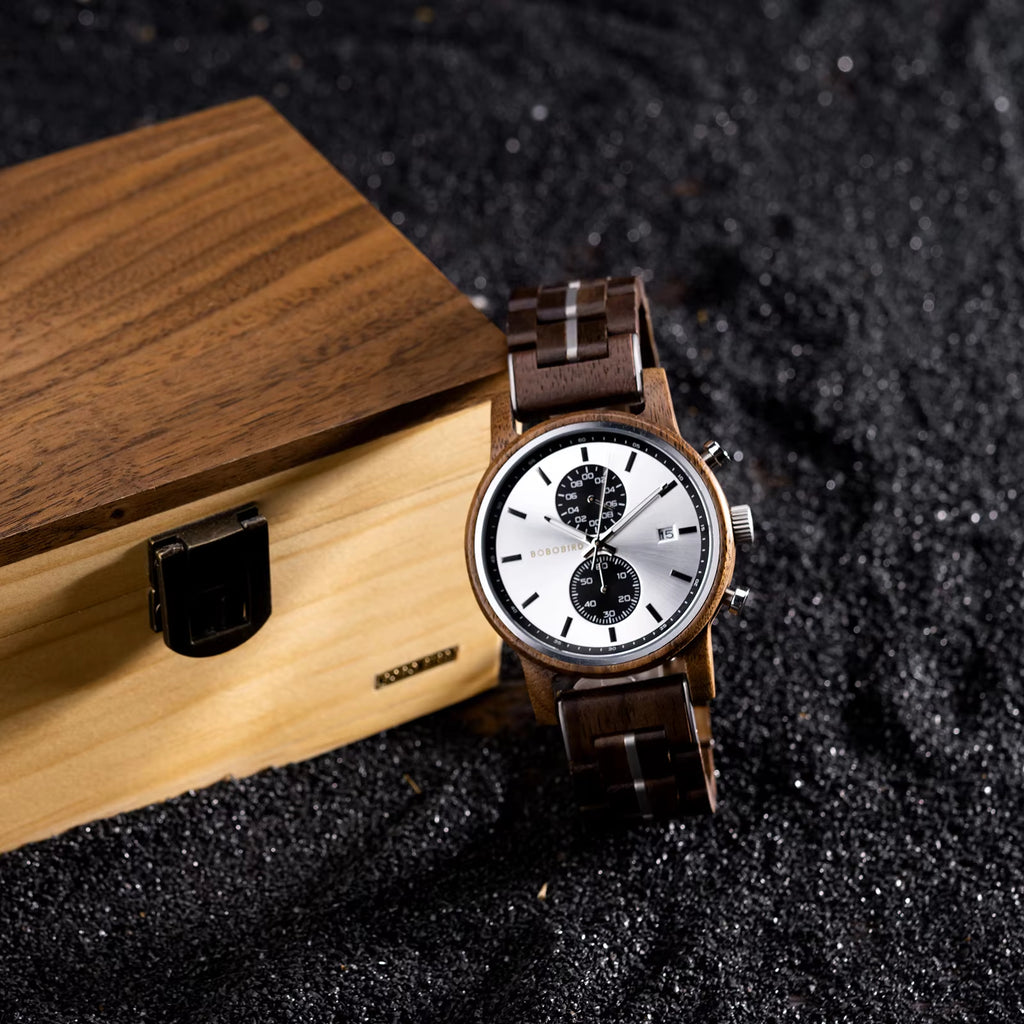 BOBO BIRD Men’s Wood Watch – Engraved Wooden Wristwatch with Quartz Movement