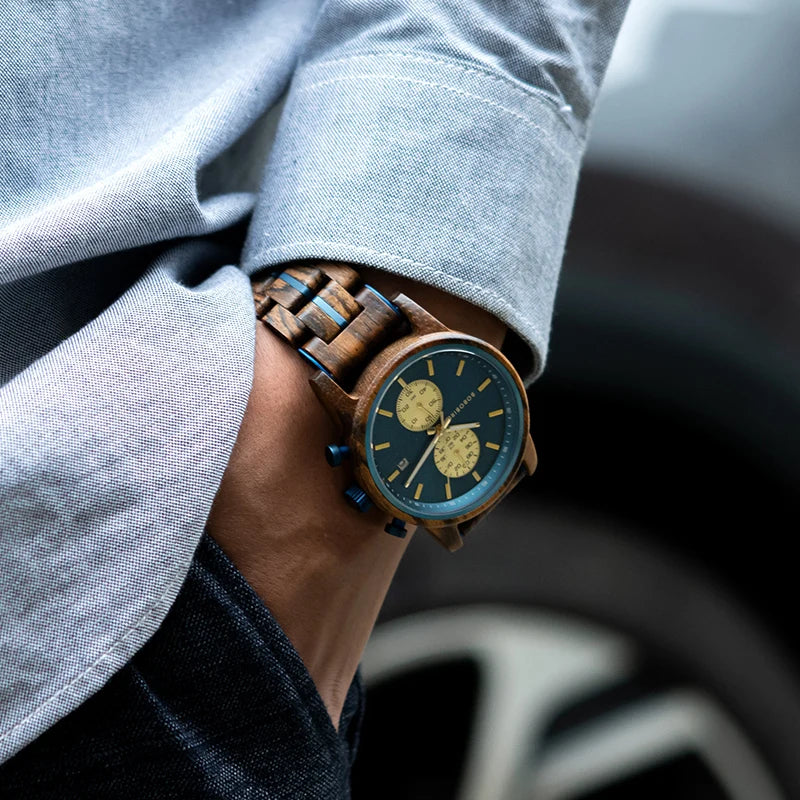 BOBO BIRD Men’s Wood Watch – Engraved Wooden Wristwatch with Quartz Movement