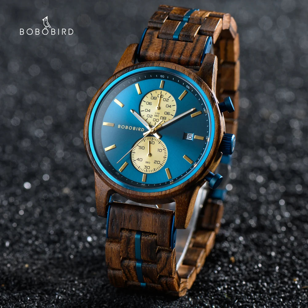 BOBO BIRD Men’s Wood Watch – Engraved Wooden Wristwatch with Quartz Movement