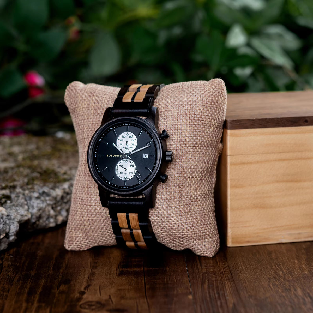 BOBO BIRD Men’s Wood Watch – Engraved Wooden Wristwatch with Quartz Movement