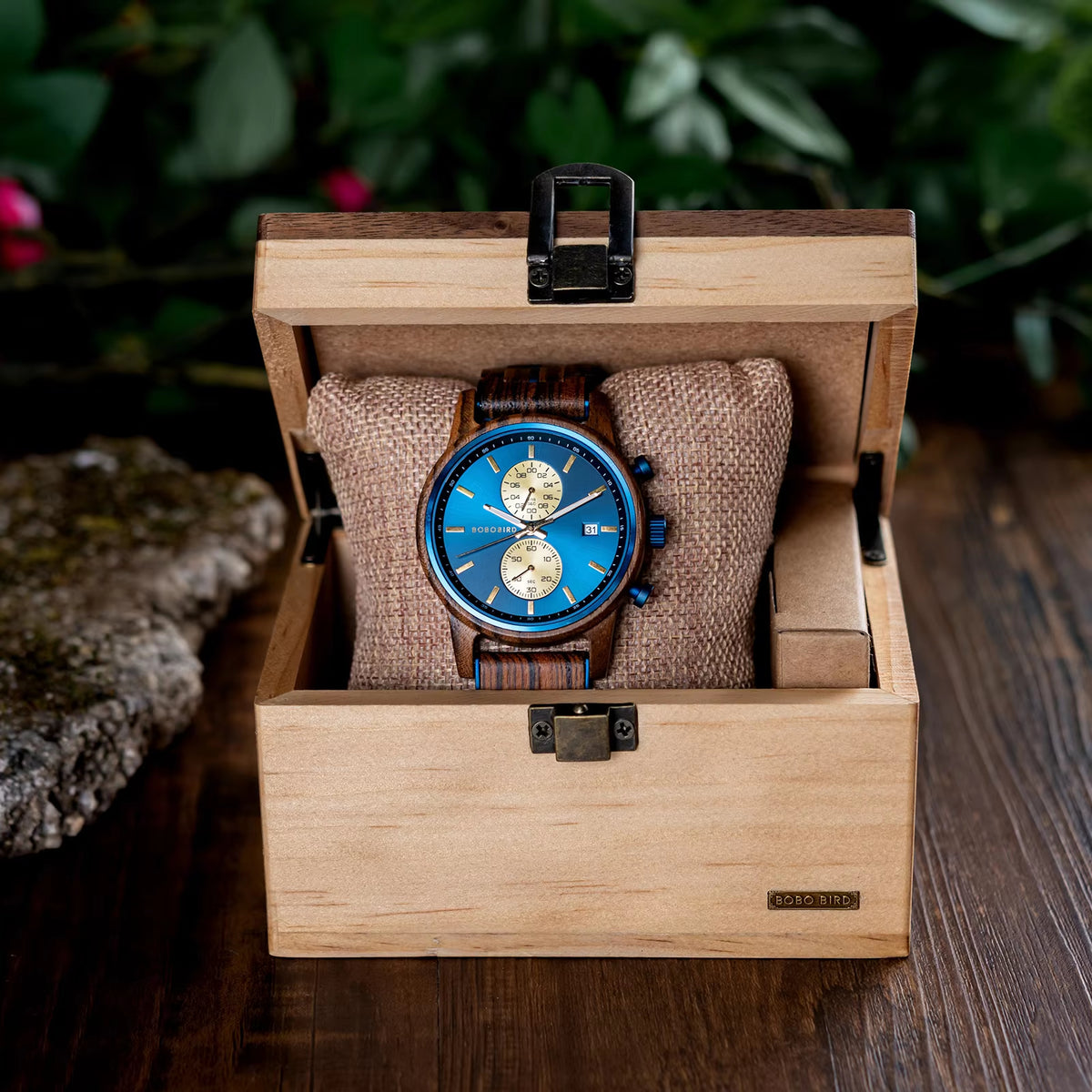 BOBO BIRD Men’s Wood Watch – Engraved Wooden Wristwatch with Quartz Movement
