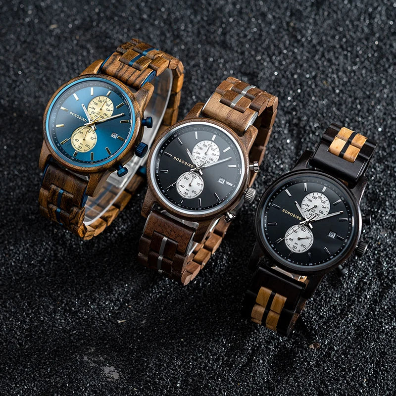 BOBO BIRD Men’s Wood Watch – Engraved Wooden Wristwatch with Quartz Movement